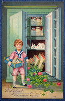 Antik   dombornyomott Újévi üdvözlő litho képeslap kisfiú páncélszekrény pénzeszsák lóhere csokor