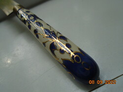 Hand-painted gold-contoured flower pattern porcelain fruit knife attributed to Zsolnay