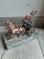 Beautiful old copper statue: ancient warrior on a chariot (19x11.2x14 cm)