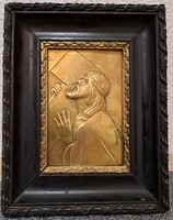 Antik réz, bronz kézzel domborított Jézus Relief