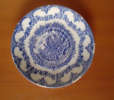 Blue and white painted English faience ceramic small plate, with a landscape, marked, flawless