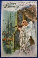 Antik dombornyomott Karácsonyi üdvözlő  képeslap angyal harangtorony tájkép hegedű