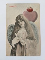 Régi képeslap 1907 Szeretet feliratos fotó levelezőlap hölgy galamb lángoló szív