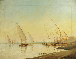 István Varga Kassai (1917-) sailboats 47x57cm oil on canvas - ship harbor landscape