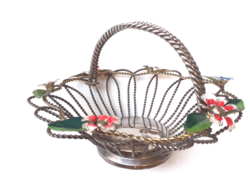 Old basket with floral metal handles, vintage table metal basket