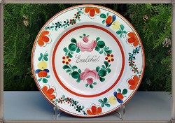 Kézzel festett virág mintás antik fajansz fali tányér, dísztányér