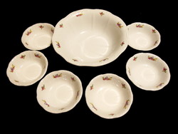 Régi Zsolnay porcelán kompótos, salátás készlet, 1 nagy és 6 kisebb tányér