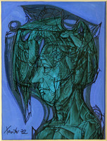 Xantus Gyula (1919-1993) - Zöld Portré Madarakkal 1972. 79x59cm | Madár