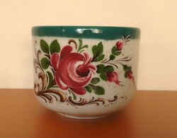 Pöttyös mázas, virágmintás porcelán edényke, kaspó, tartó, német