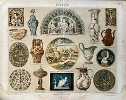 Antik történelmi kerámia iparművészeti nyomat litográfia- papír-váza, tányér, találó, köcsög, kiöntő