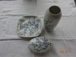 Hölóházi blue floral three-piece set (bonboniere, vase, ashtray).
