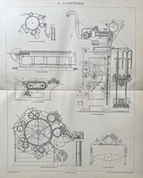 Antik 19.sz Jutafonás műszaki nyomat- papír- ábra, gépészet, mechanizmus