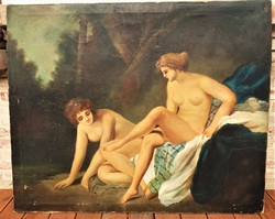 Huge 146x120cm !! Antique painting - nudes outdoors. With original warranty!