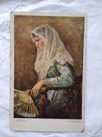 Antique Austrian postcard / art card lady in lace scarf, fan circa 1920s