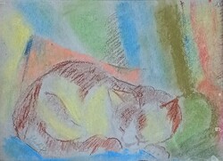 Unknown artist (szántó piroska?): Pastel pastel picture of a cat, in the style of János Vaszary?