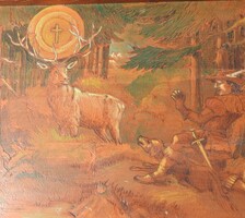 Antique Painted Woodcut - Painted Woodcarving SAINT HUBERTUS