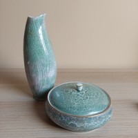 Retro Hollóházi zöld márványos váza, bonbonier