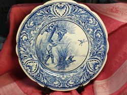 Delfts, Holland porcelán dísztányér, vadász jelenetes