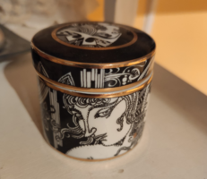 Szász Endre grafikával arany kontúros fedeles Hollóházi porcelán ékszertartó tégely vagy bonbonier
