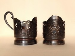 Antik régi orosz ezüstözött füles teás pohártartó pár, ágaskodó lovas, gyertyatartónak is, jelzett
