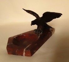 Old Bronze Turul Bird with Outstretched Wings, Red Marble Base, Ashtray