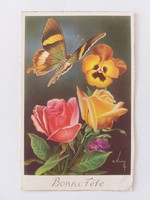Old postcard 1978 postcard rose butterfly pansy