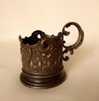Antik régi alpakka füles teás pohár tartó, rokokós-barokkos inda dísz, gyertyatartónak is, jelzett