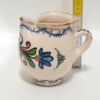 Small ceramic jug with folk, colorful flower pattern, white glaze (2366)