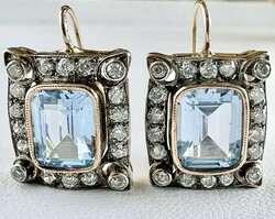 535T. Antique art deco Hungarian aquamarine (3 ct) brilliant (0.72 ct, 36 pcs) 14k gold (5.6 g) earrings!