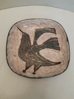 Pál Ferenc zsűrizett kerámia figurális madaras motívumú fali tál tányér