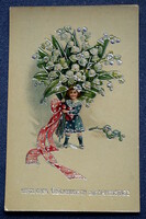 Régi ezüsttel préselt Névnapi üdvözlő  képeslap kisleány hatalmas gyöngyvirág csokorral