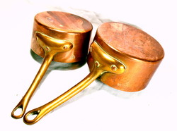 A pair of massive red copper kitchen cooking pots with bronze handles!