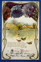 Antik szecessziós Pünkösdi üdvözlő litho képeslap tájkép virágok arany nap vers