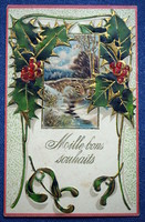 Antik dombornyomott Karácsonyi hangulatú üdvözlő litho képeslap téli táj magyal keret
