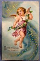 Antik dombornyomott Újévi üdvözlő litho képeslap angyalka virágkoszorúval csillagok közt