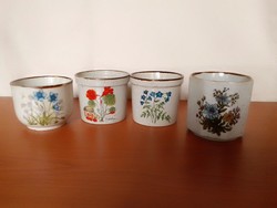 Four similar style, glazed, patterned glazed ceramic flowerpots, pot plant with flower pattern, flawless