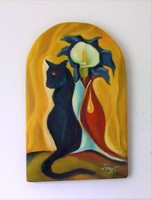 Still life with a cat / art deco / oil painting by Sándor Seres