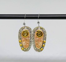 Modern style, three-tone (silver-copper-gold) pendant earrings