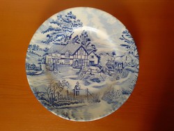Blue and white old English glazed ceramic earthenware decorative plate, horse-drawn carriage receiving a landscape, flawless