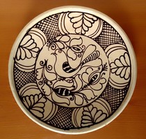 Old Korund wall plate with folk floral pattern, dove, marked, 50s and 60s