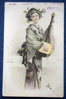 Antik A&M.B.  üdvözlő litho képeslap zenélő gésa