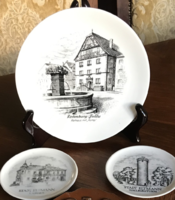 Német porcelán tányérok, 3 db egyben, városképi ábrázolással