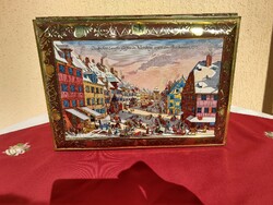 Egy hatalmas méretű  szép Német jelenetes fém, kekszes,sütis doboz,,,42x30x17 cm, minimál ár nélkül,
