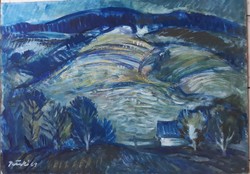 Stream marked: landscape floating in blue, marked olive tree, 1969