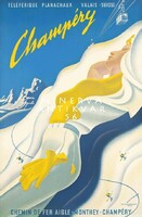 Art deco francia síelés reklám napozó nő fehér-sárga síruha téli hegyek Vintage/antik plakát reprint