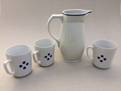 Old Zsolnay porcelain blue striped water jug and 3 mugs with blue dots