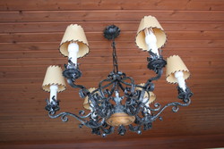 Six-branch wrought iron chandelier with two matching two-branch wall arms