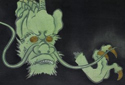 Kamisaka sekka - green monster with golden eyes - canvas reprint
