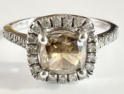 3B. 1,13 Ct Cushion csiszolású Natural Fancy Yellowish Brawn SI1 Gyémánt, 14k arany (2,87 g) gyűrű!