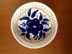 Kék-fehér kerámia fajansz majolika tál, talpas kínáló, holland v. olasz, kézzel festett